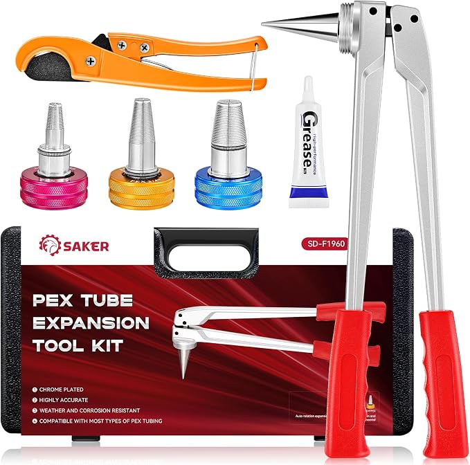 Saker PEX Tube Expansion Tool Kit | PEX-A Expansion Tool with 1/2'', 3/4'',1'' Expansion Heads | Mannual Expander Tool Kit SD-F1960 Standard PEX Coupling | Includes 1/2", 3/4" & 1" Heads, Compatible with PEX-A Tubing, Manual Expansion Tool, SD-F1960 St...