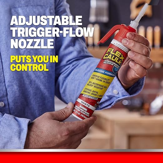 Flex Caulk, Silicone, Waterproof & Weatherproof Sealant, Strong, Indoor, Outdoor, Bath, Kitchen, Shower, Sink, Window, Baseboards, Door, RV, Roof, Wood, Glass, Tile, Marine, White, 6.5 oz, 1-Pack