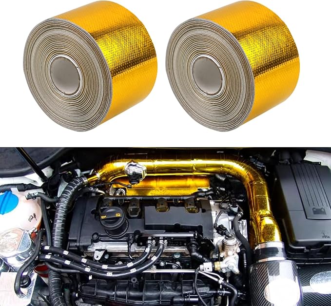 Sporacingrts 2" x 65.6ft Gold Heat Shield Reflective Tape Roll | 2" x 65.6ft gold adhesive heat shield tape for car intake pipes, engine bays and other high-heat applications.