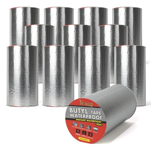 TAPEBEAR Butyl Tape Waterproof Sealing Tape 8inch x16feet Roof Leak Patch | Aluminum Foil Tape Heavy Duty for RV Repair, Awning, Window, Glass & EDPM Boat and Pipe Sealing, Silver, 12Rolls