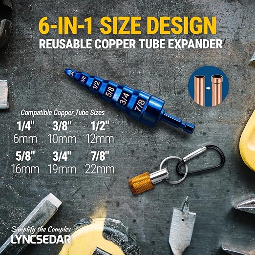 6-in-1 Copper Swaging Tool HVAC, Blue Soft Tube Expander, Carbon Steel, Bit Holder, No.5 Carabiner, Swage Tool Set for Electric Drill, Swedge Repair Kit for 1/4 3/8 1/2 5/8 3/4 7/8 Pipe