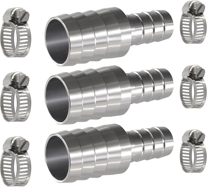 Stainless Steel Hose Barb Reducer 1" (25mm) to 5/8" (16mm) | with stainless steel hose clamps; suitable for pipe, fuel and air line repair, reducing connections and hose splicing 3-Pack