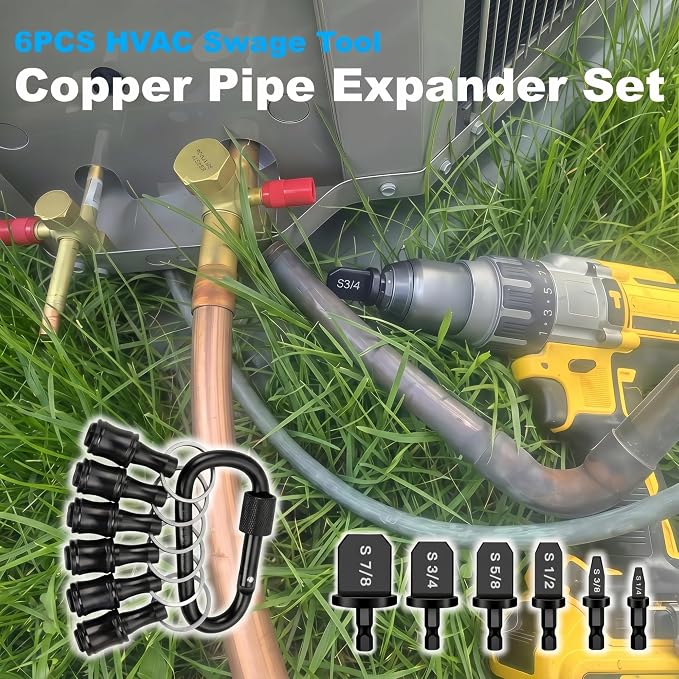 13PCS Swage Tool HVAC Repairing Set with Bit Holders, Hvac Gifts, Air Conditioner Copper Tube Expander Swaging Tool Drill Bit Copper Pipe Swage 1/4'', 3/8'',1/2'',5/8'',3/4'',7/8'' (Black)