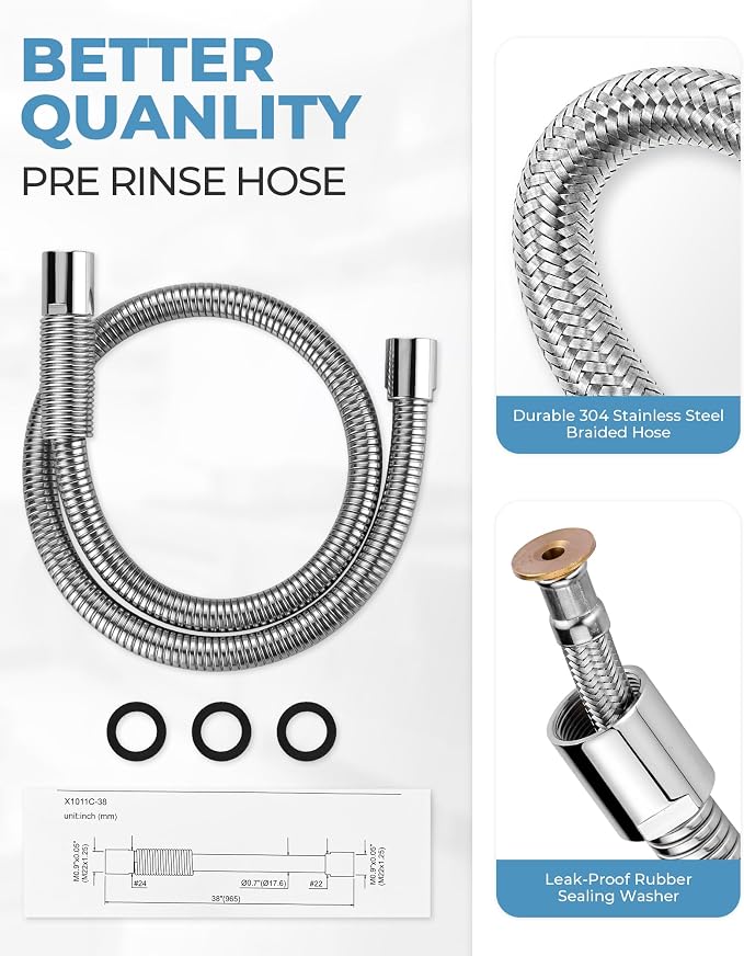 38" Commercial Sink Faucet Sprayer Hose, Pre-rinse Sprayer Hose for Commercial Kitchen Sink Faucet, 38 Inch Stainless Steel Flexible Hose Replacement Kit for Restaurant Industrial Dishwasher