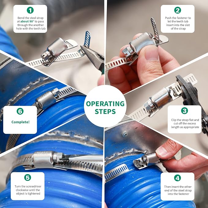 OURU 10PCS Hose Clamps Stainless Steel Stronger Fasteners, DIY Use | Cut-to-Length, Rust Resistant, Secure Fastening, Pipe, Duct & Tube Mounting