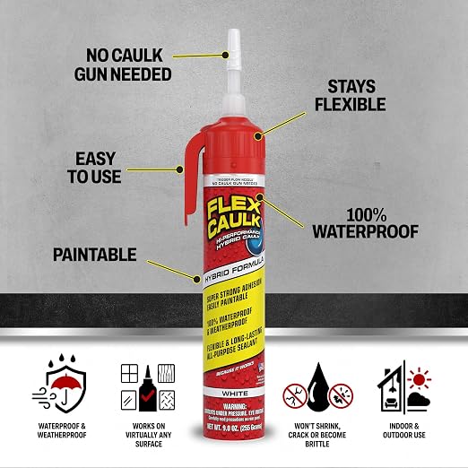 Flex Caulk, Waterproof & Weatherproof Hybrid Polymer Sealant, Strong, Paintable, Indoor, Outdoor, Bath, Shower, Sink, Window, Baseboards, Door, RV, Roof, Wood, Auto & Marine, White, 9 oz, 2-Pack