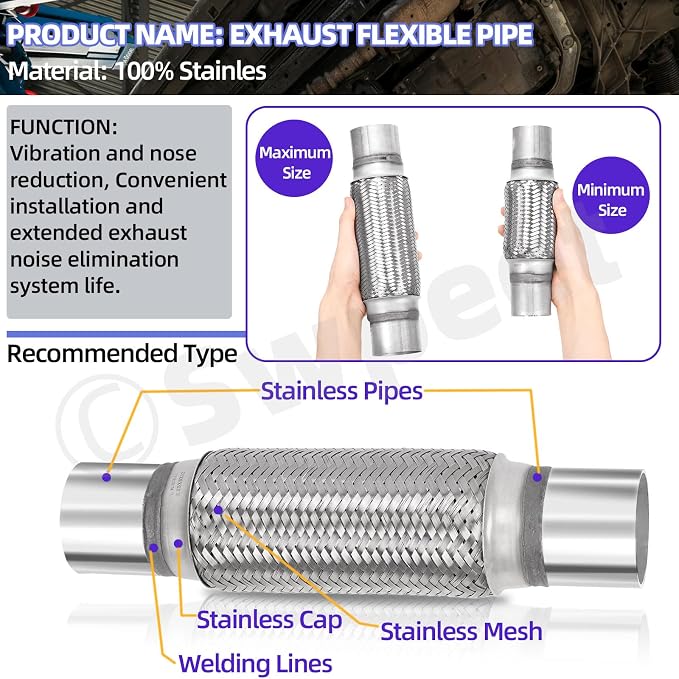 Swpeet 1Pcs 2 X 7.9 Inches Exhaust Flex Pipe with 2 Inches Exhaust U Clamp Kit, Universal Type Stainless Steel Double Braid Zinc Pipe Exhaust Flex Tube Ideal for Heavy Duty and Cars