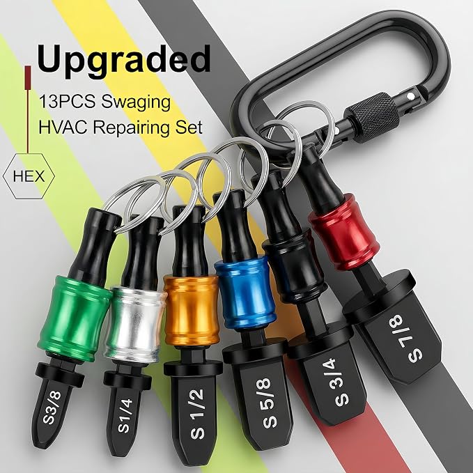 13PCS Swage Tool HVAC Repairing Set with Bit Holders, Hvac Gifts, Air Conditioner Copper Tube Expander Swaging Tool Drill Bit Copper Pipe Swage 1/4'', 3/8'',1/2'',5/8'',3/4'',7/8''