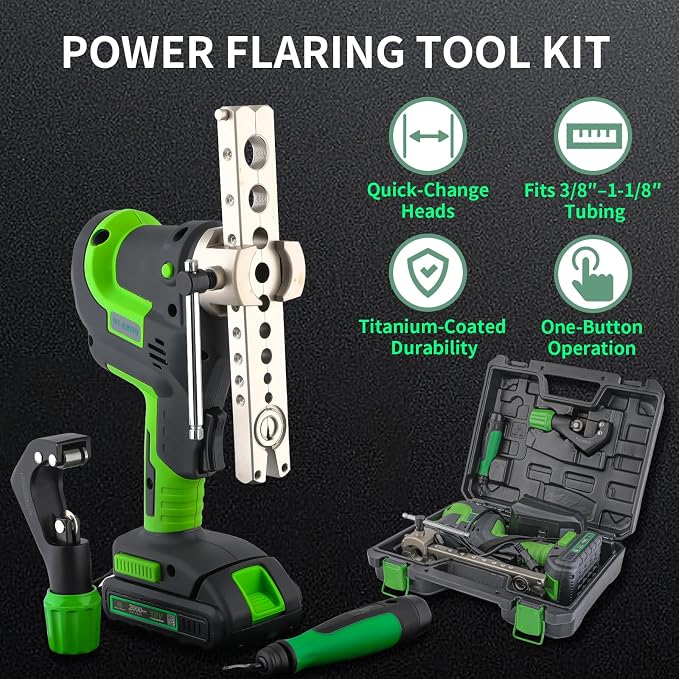 Super Stars Cordless Electric Flaring Tool Kit, 1/4"–3/4" HVAC Copper Pipe Flare Tool with 45° Eccentric Cone, Metric & SAE Clamps, Deburring & Cutter Tools