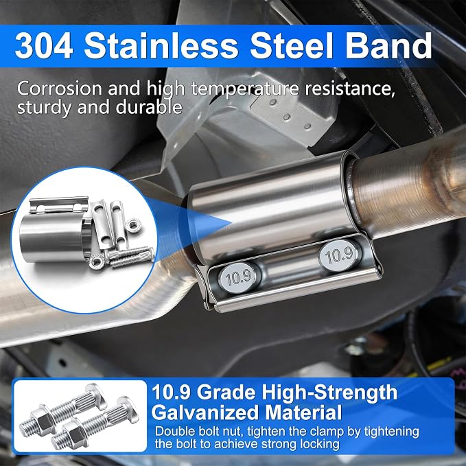 1.75 Inch Exhaust Clamp,Butt Joint Band Clamp Sleeve Coupler | 304 Stainless Steel Exhaust Band Clamp With 360° Seal Pipes 10.9 High Strength Bolt for Pipes,Mufflers,Catalytic Converters
