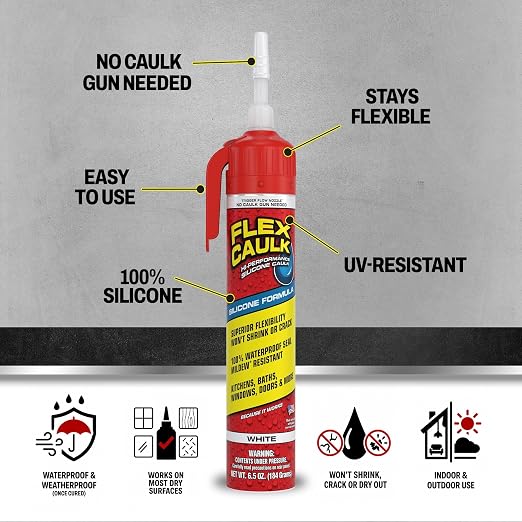 Flex Caulk, Silicone, Waterproof & Weatherproof Sealant, Strong, Indoor, Outdoor, Bath, Kitchen, Shower, Sink, Window, Baseboards, Door, RV, Roof, Wood, Glass, Tile, Marine, White, 6.5 oz, 1-Pack
