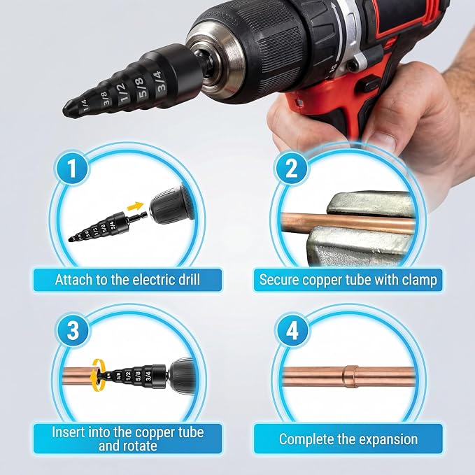 9PCS Swage Tool HVAC Repairing Set with Bit Holders, Hvac Gifts, Air Conditioner Copper Tube Expander Swaging Tool Drill Bit, 5in1 Copper Pipe Expander Swaging Drill Set 1/4'', 3/8'',1/2'',5/8'',3/4''