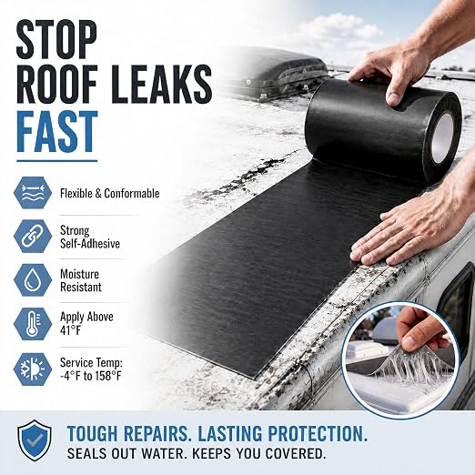 12" X 25' Roof Repair Tape, PE Waterproof Butyl Tape, 10-15yr Lifespan | Heavy Duty Roof Patch, Self Adhesive Weatherproof Flashing Tape Membrane, UV Resistant for Roof RV Pool Boat Pipe, 0.05"Thick