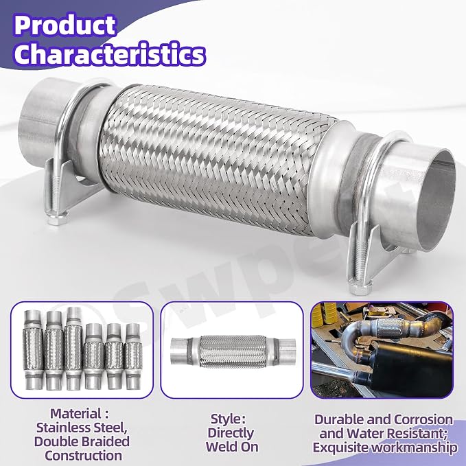 Swpeet 1Pcs 2 X 7.9 Inches Exhaust Flex Pipe with 2 Inches Exhaust U Clamp Kit, Universal Type Stainless Steel Double Braid Zinc Pipe Exhaust Flex Tube Ideal for Heavy Duty and Cars