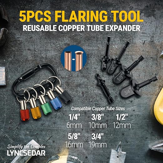 Copper Flaring Tool HVAC, 11 PCS Black, No.8 Carabiner Bit Holder | Pipe Expander Repair for Electric Drill; Carbon Steel; Mini Split Flare Kit For 1/4, 3/8, 1/2, 5/8, 3/4, 7/8 Soft Tube