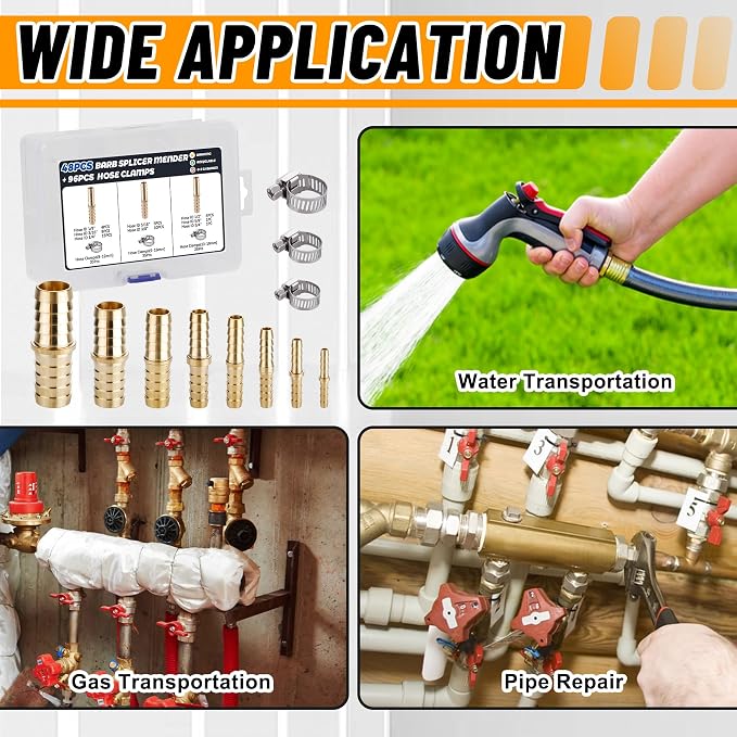 48PCS Brass Hose Barb Splicer Mender Fittings with Pipe Clamp | 1/8" 3/16" 1/4" 5/16" 3/8" 1/2" 5/8" 3/4" Barbed Fitting with 96Pcs Stainless Steel Hose Clamps for Air/Fuel/Water/Oil Hose