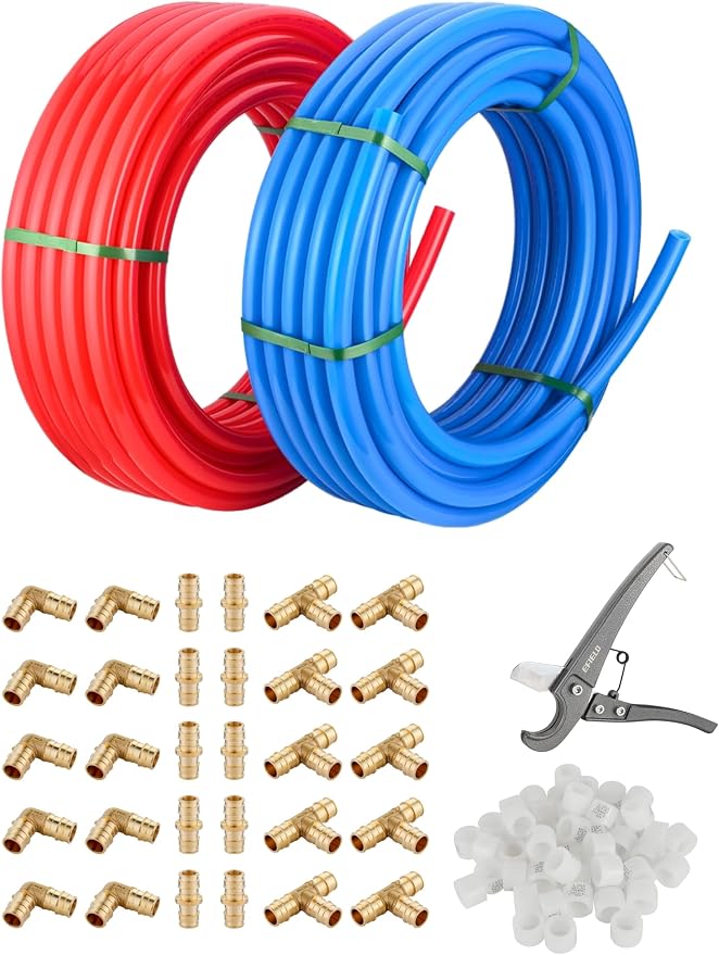 (All in One) EFIELD 3/4-inch Pex-A Tubing/Pipe 2 x100 ft Red & Blue(200 ft) | 30 PCS 3/4" Brass Expansion Fittings- Elbow Tee Coupler, Expansion Rings, Pipe Cutter(YRB1960)