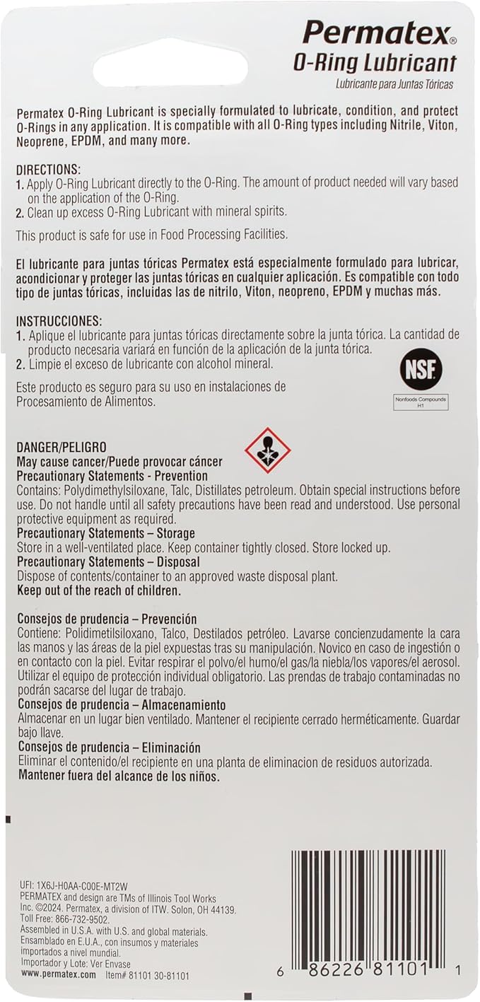Permatex 81101 O-Ring Lubricant Lubricates & Extends Life of O-Rings, Gaskets, Seals, Pressure Plugs & Valves, Pool Pumps & Filters, Water Faucet Valves, Food Grade Certified, 1 OZ