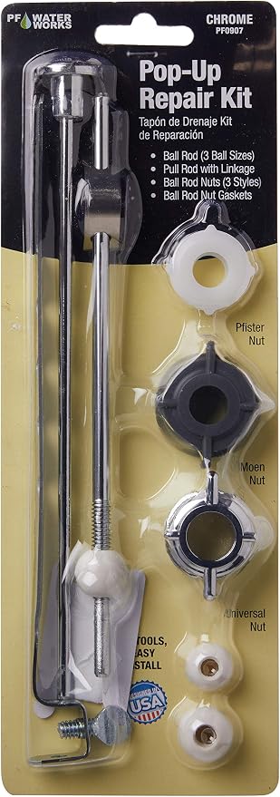 PF WaterWorks Pop-Up Drain Repair Kit with Adjustable Threaded Center Pivot Ball Rod, 3 Nuts & Gaskets + 2 Hole Universal Pop-Up Stopper