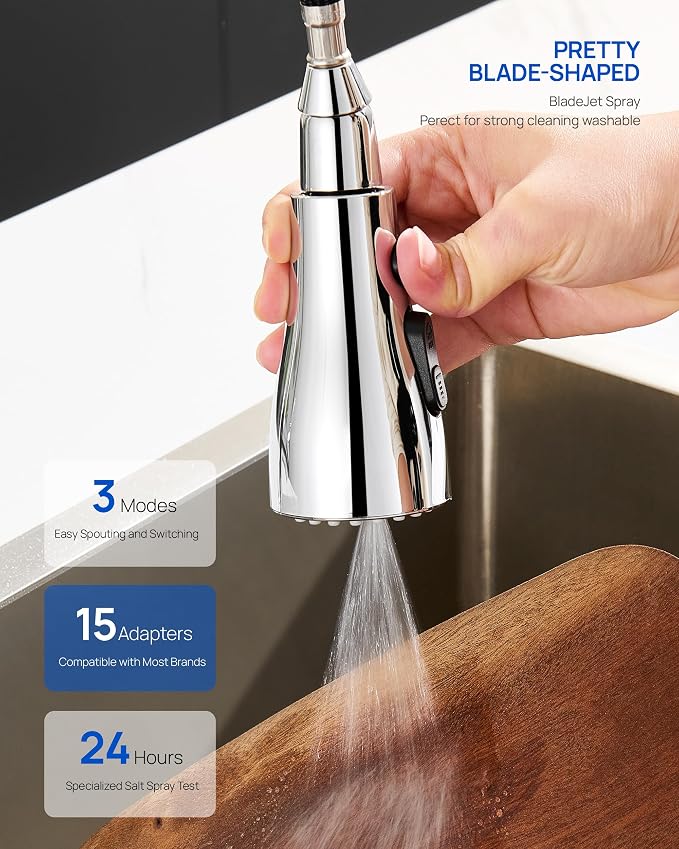 J-HVA Metal Kitchen Faucet Head Replacement 3-Mode with 15 Adapters, Chrome
