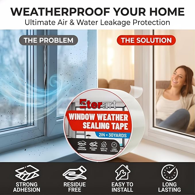 ETERART Transparent Weatherproof Seal Tape for Rain Leaks, 2" x 30Yds | Heavy Duty Adhesive for Winter Drafts, No-Residue Weather Stripping for RVs, Windows, Doors & Renters, easy tear