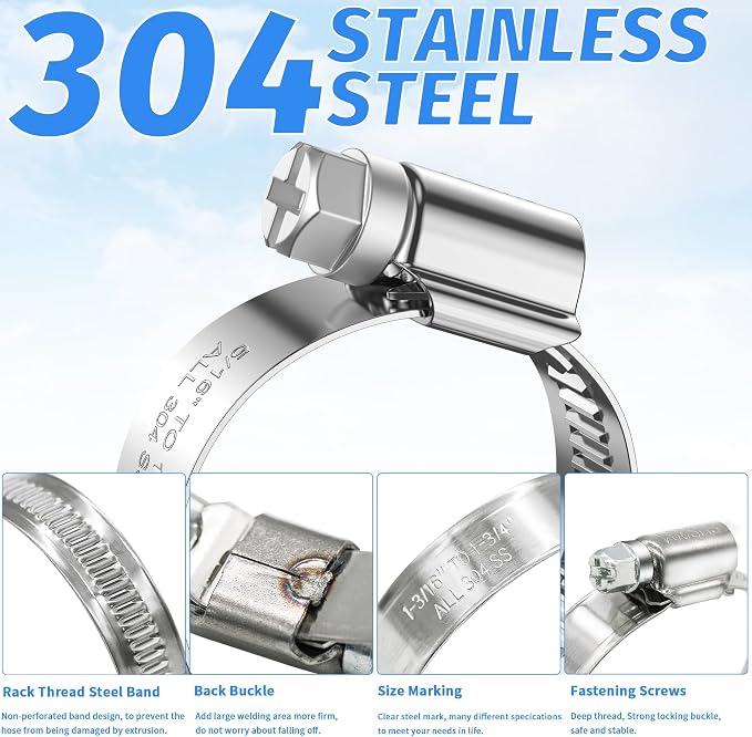 24PCS Adjustable Hose Clamps, 304 Stainless Steel Worm Gear, 1" to 1-5/8"(25-40mm), Rolled Edge No Perforations, Heavy Duty Reusable Pipe Clamp for Home, Auto, Piping, Marine, Industrial