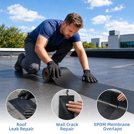 Werhoo 45 Mil EPDM Butyl Sealing Tape, 12 Inch x 32 Foot Black Self-Adhesive Weatherproof Roof Repair Membrane for Boat, Roof, Window, RV, Vent, Crawl Space