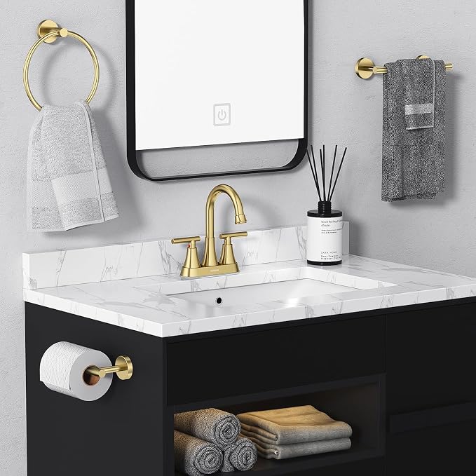Brushed Gold Bathroom Faucet, Hurran 4 inch Centerset 2-Handle Lead-Free