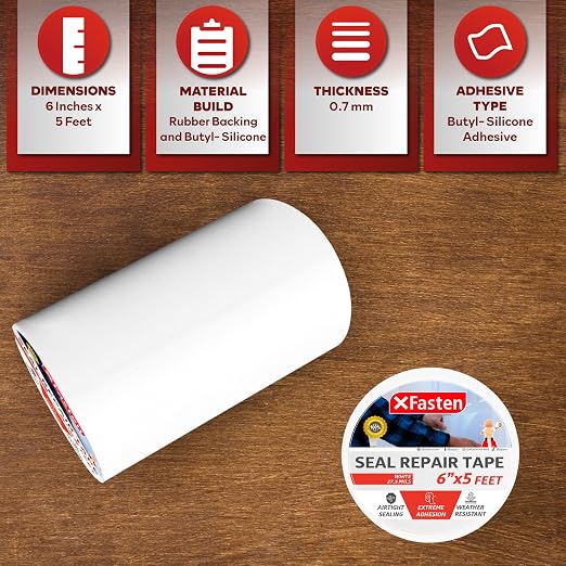 XFasten Waterproof Patch Seal Repair and Leak Shield Tape, White, 6-Inch x 5-Foot, Weatherproof Water Barrier Tape for Chimney, Roof, Boat, and HVAC Hose Repair