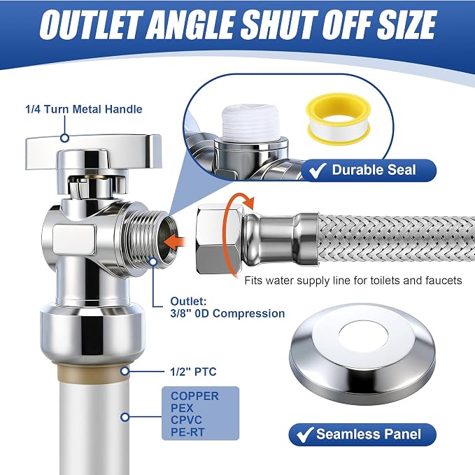 Toilet Shut Off Valve 1/2" PTC x 3/8" OD Compression 12" Supply Line kit | Complete Toilet Connector Water Line Kit with 12'' L 3/8" COMP x 7/8" OD Toilet Supply Line,Escutcheon Plate,Disconnect Clip
