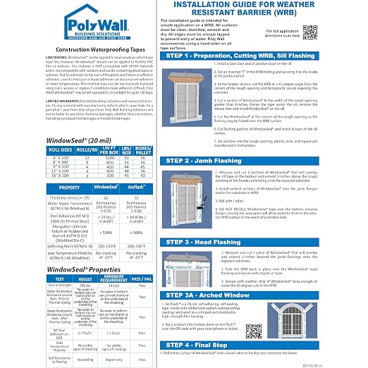 POLYGUARD WindowSeal Window and Door Flashing Tape, 4 in x 100 ft Roll, 20 mil Thick, Self-Sealing & Self-Adhering Waterproof Barrier, Pack of 4