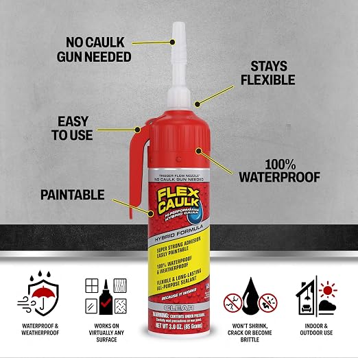Flex Caulk, Waterproof & Weatherproof Hybrid Polymer Sealant, Strong, Paintable, Indoor, Outdoor, Bath, Shower, Sink, Window, Baseboards, Door, RV, Roof, Wood, Auto & Marine, Clear, 3 oz, 1-Pack