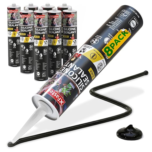 XFasten Silicone Sealant Waterproof Black Cartridge, 10.1 oz (8-Pack) Black Caulking Silicone Adhesive Sealant Cartridge for RV, General Use, Window, Door, Glass, Automotive Leak Sealing