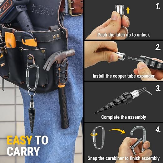 6-in-1 Copper Swedge Tool HVAC, Black Soft Tube Expander, Carbon Steel, Bit Holder, No.8 Flat Carabiner, Swaging Tool Set for Drill, Swage Repair Kit for 1/4 3/8 1/2 5/8 3/4 7/8 Pipe