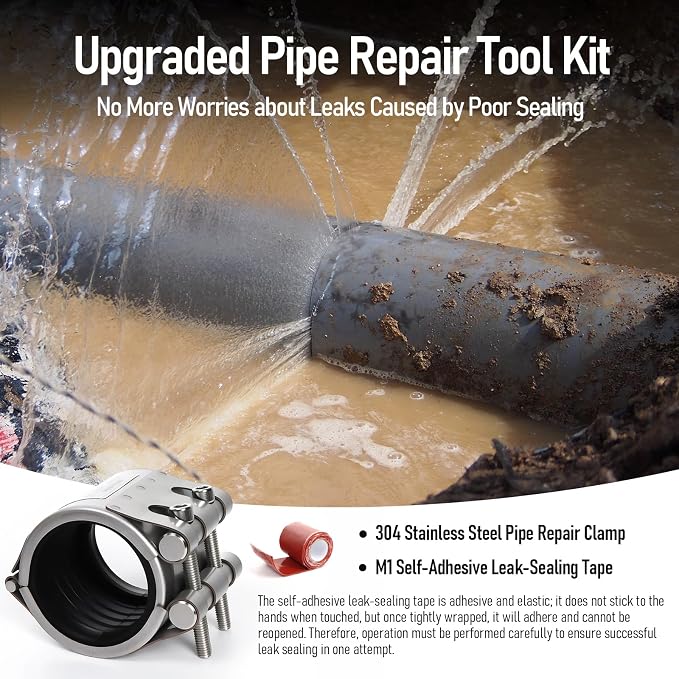 Upgraded Pipe Repair Clamp with M1 Self-Adhesive Leak-Sealing Tape | 304 Stainless Steel Rust-Proof Emergency Pipe Repair Kit for Plastic & Metal Pipes, 3/4"(25-28mm)