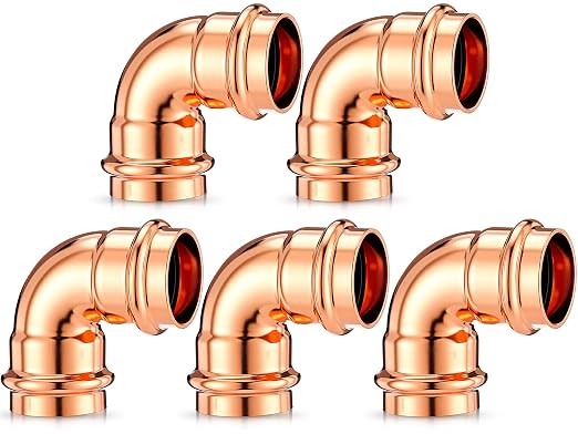Therwen 5 Pcs 1 Inch Copper Pipe Press Fittings, 90 Degree Elbow Coupling Zero Lead, Elbow Press Adapter Fittings Coupling for Plumbing