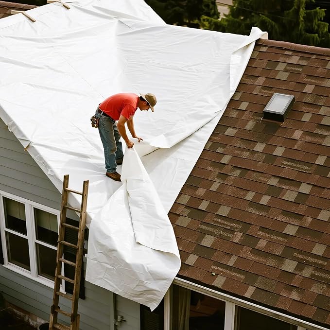 Self-Adhesive Roof Tarp | 5’ x 5’ Heavy Duty Roof Tarp with Self Stick Roll Butyl Tape White Multi Purpose Thick UV-Resistant Roof Waterproof Cloth for Leaks, Roof Repairs