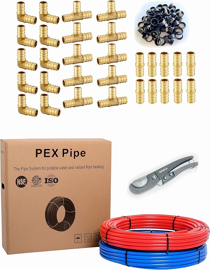 EFIELD 2 Rolls x 100 ft (200 Ft) 1/2 Inch Pex-b Pipe/Tubing | 30 Pcs 1/2-inch Barb Crimp Brass Fittings, 100 Pcs Copper Crimp Rings, Pipe Cutter(PIPE-B026)