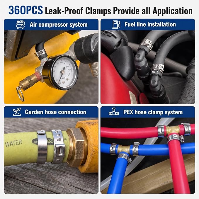 360Pcs Single Ear Hose Clamps Kit,Stepless 5.3-36.1mm 304 Stainless Steel Hose Repair Clamp Cinch Rings,Ear Clamp Pliers Tool with Portable Toolbox for Automotive Fuel Line Plumbing PEX DIY