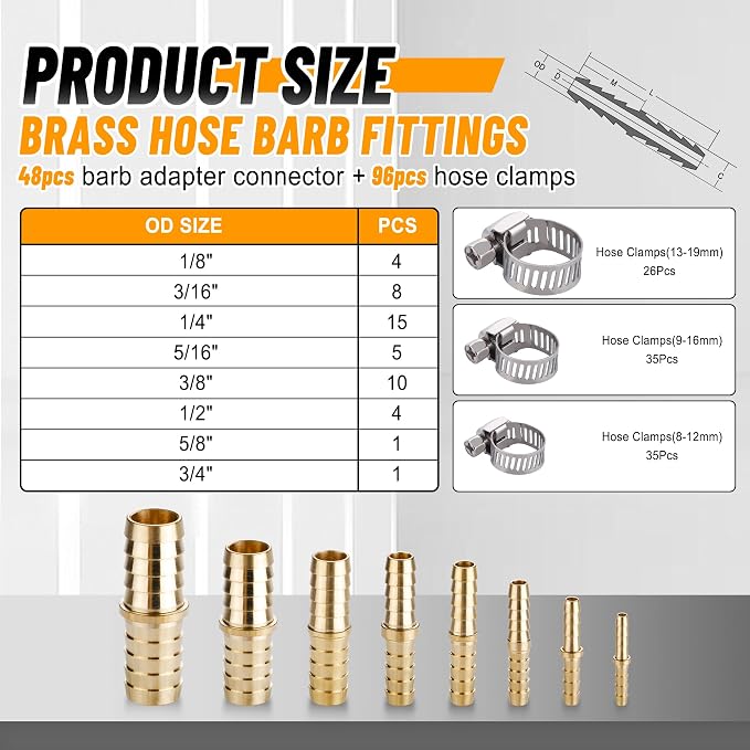 48PCS Brass Hose Barb Splicer Mender Fittings with Pipe Clamp | 1/8" 3/16" 1/4" 5/16" 3/8" 1/2" 5/8" 3/4" Barbed Fitting with 96Pcs Stainless Steel Hose Clamps for Air/Fuel/Water/Oil Hose