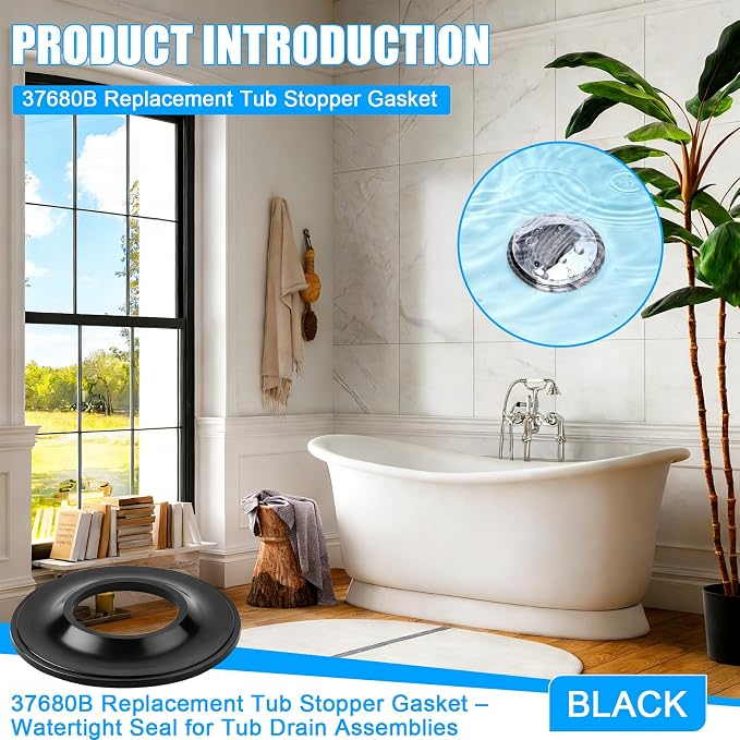 37680B Tub Stopper Gasket for Tub Drain Assemblies, Black, 2-Pack