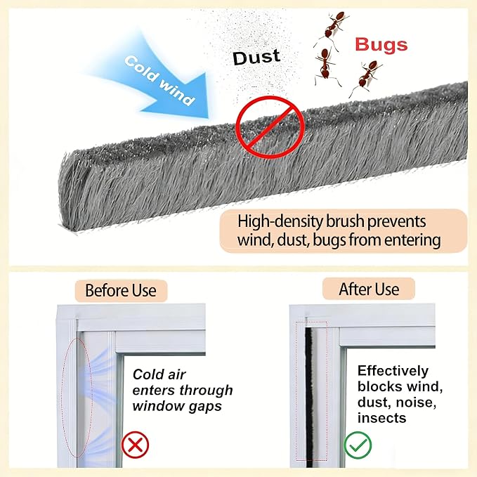 Brush Weather Stripping Door Window Seal,2 Pack 0.2"x 0.4" x33FT | Felt weather stripping,door sweep,sliding glass door applicable,soundproof,door frame sealing,windproof weatherstripping