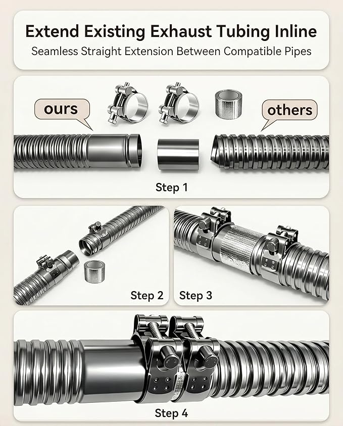 Flexible Stainless Steel Exhaust Tubing, 1.5" ID x 27.6" | Laser Welded Flex Pipe with Coupler, Clamps and Sealing Tape for Generators, Diesel Heaters and RV Exhaust