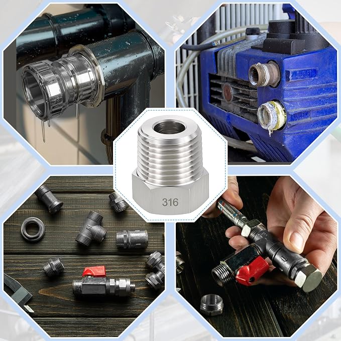 5 Pack SUS316 1/2" Male NPT to 3/8" FeMale NPT Hex Bushing Reducer | 316 Stainless Steel Pipe Fittings, Hose Tube Threaded Adapters with Sealing Tape for Air, Oil, LP, Gas, Fuel, Water