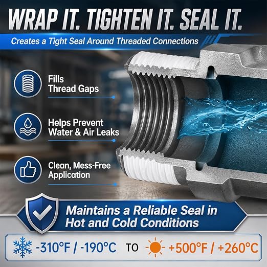 10 Pcs 3/4" x 520" PTFE Thread Seal Tape 5.9 Mil Individual Pack | High Density Plumber Tape for Pipe Fittings, Threaded Connection, Water Line, Bathroom Repair, Waterproof Pipe Thread Sealant