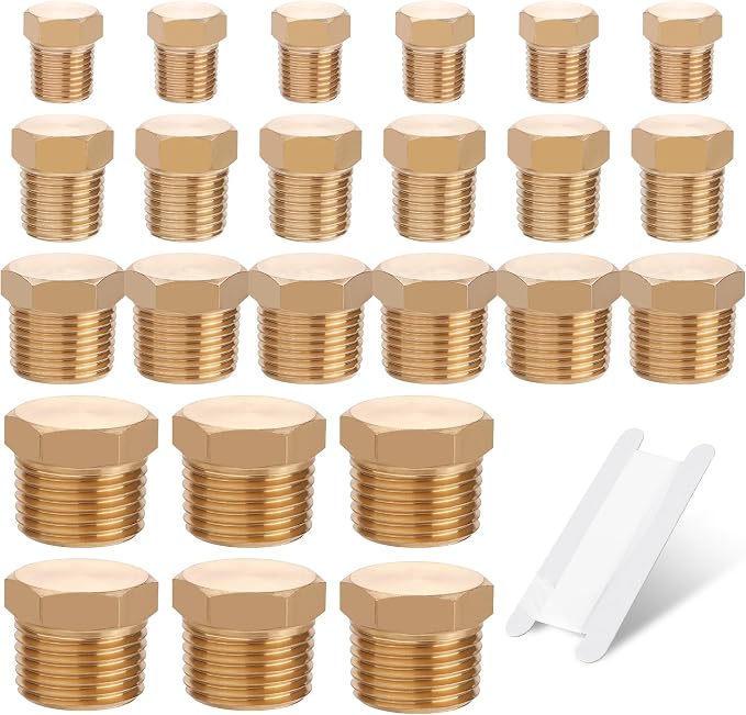 24PCS Brass Pipe Fittings Hex Head Plugs,1/8" 1/4" 3/8" 1/2" NPT | Outer Hex Head Plug Male Threaded Plugs Fitting Assortment Kit