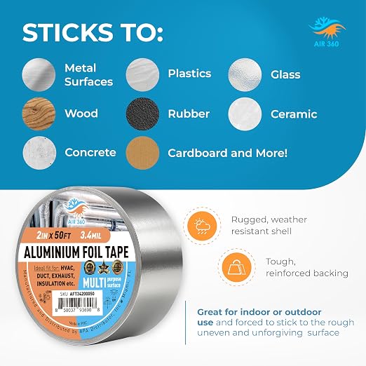 Air 360 Aluminum Foil Tape 2 Inch x 180 FT - HVAC Foil Tape for Ductwork, Dryer Vent, AC & Pipe Insulation - Heavy Duty High Temp Heat Resistant Metal Duct Tape, Waterproof Aluminum HVAC Tape