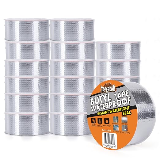 TAPEBEAR 16Rolls Butyl Tape Waterproof Sealant Tape 2inch x33feet | Aluminum Foil Duct Sealing Tape for RV Roof Repair, Boat and Pipe Sealing, Silicone, Glass & EDPM Roof Leak Patching, 16Rolls