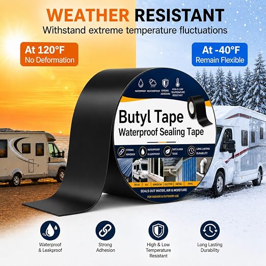 Butyl Sealant Waterproof Tape 6''×50', Black Weather-Resistant Deck Joist Tape, RV Repair Sealant Tape for RV Repair, Window, Boat Sealing, Truck Stop Camper Roof Leaks