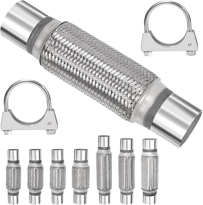 Swpeet 3Pcs 2.2 X 7.9 Inches Exhaust Flex Pipe with 2.2 Inches Exhaust U Clamp Kit, Universal Type Stainless Steel Double Braid Zinc Pipes Exhaust Flex Tube Ideal for Heavy Duty and Cars